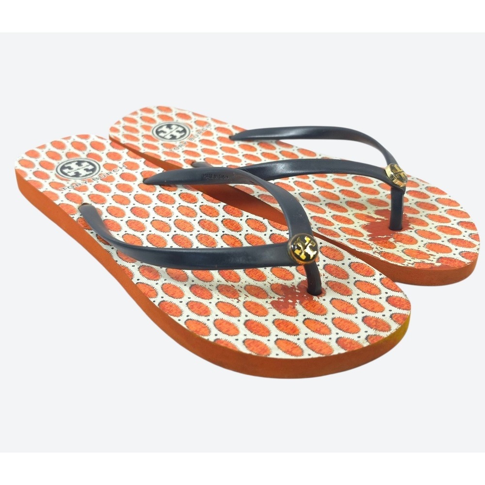Tory Burch Preppy Resortwear Flip Flop Sandals 9 Logo Orange Navy Blue Geometric